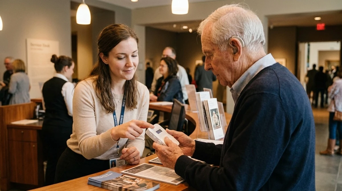 Museum staff demonstrating accessible audio guide controls to a visitor wearing a hearing aid Museum staff demonstrating accessible audio guide controls to a visitor wearing a hearing aid