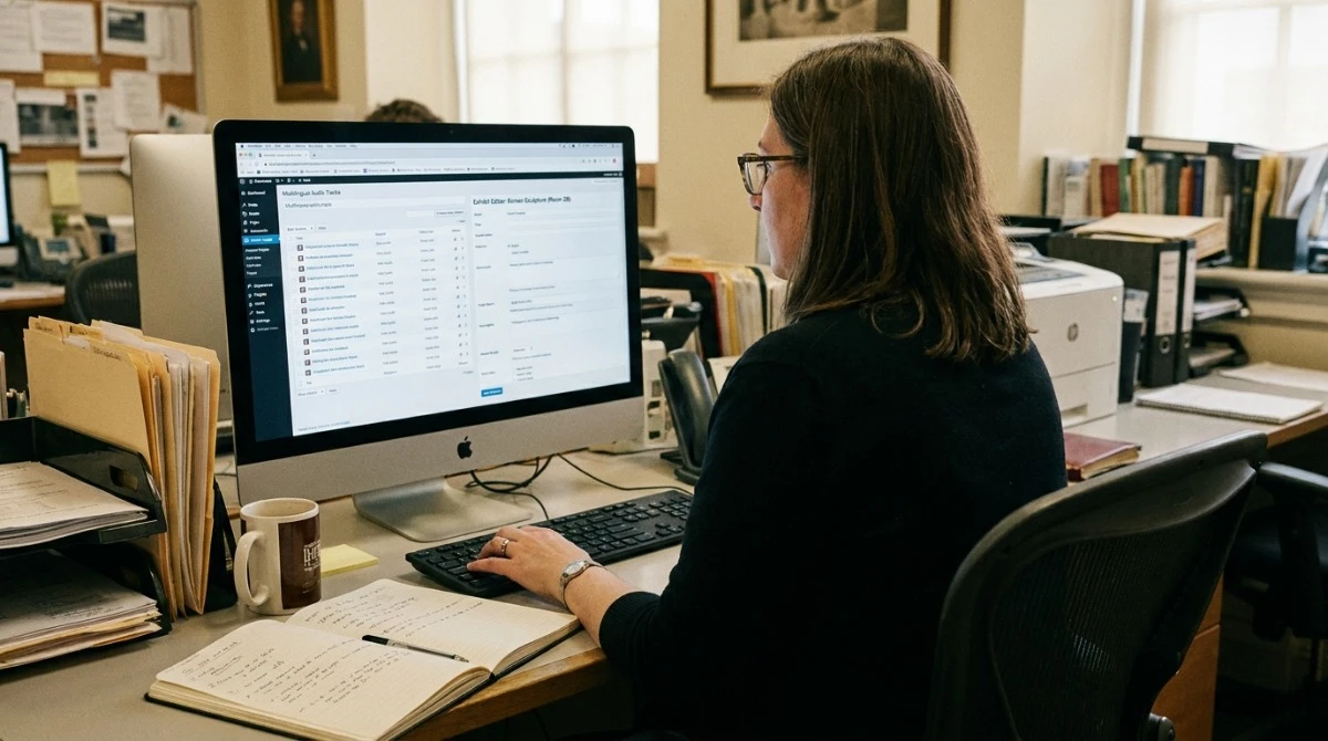 Museum content manager updating multilingual audio guide tracks through a cloud-based CMS dashboard Museum content manager updating multilingual audio guide tracks through a cloud-based CMS dashboard