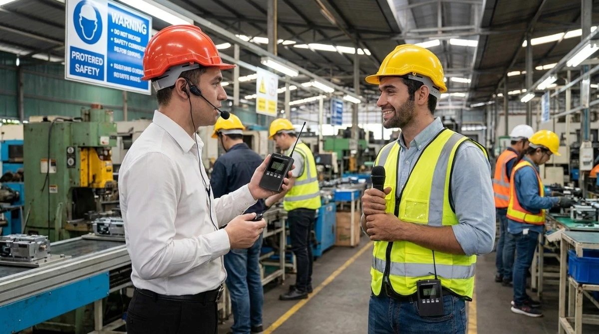 Facility tour participant asking a question through a two-way wireless guide system Facility tour participant asking a question through a two-way wireless guide system