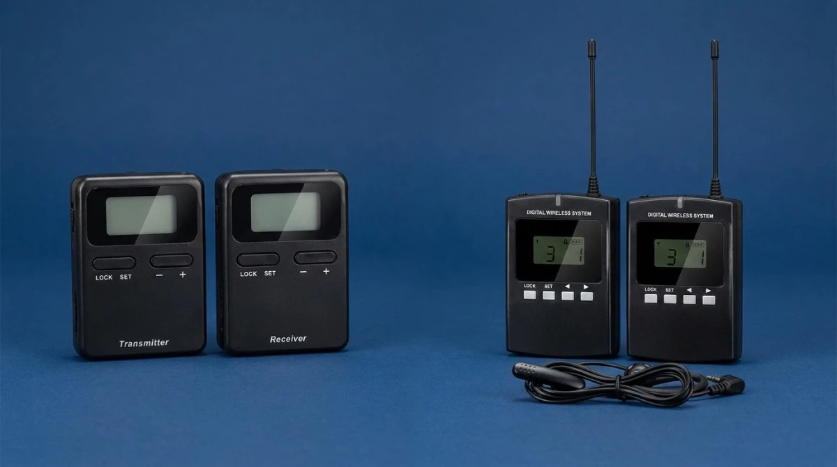Side-by-side comparison of one-way and two-way wireless tour guide system setups Side-by-side comparison of one-way and two-way wireless tour guide system setups