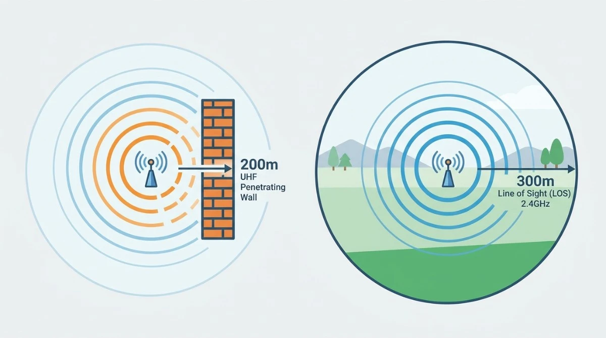 Diagram comparing UHF wall-penetration range versus 24GHz line-of-sight range Diagram comparing UHF wall-penetration range versus 24GHz line-of-sight range