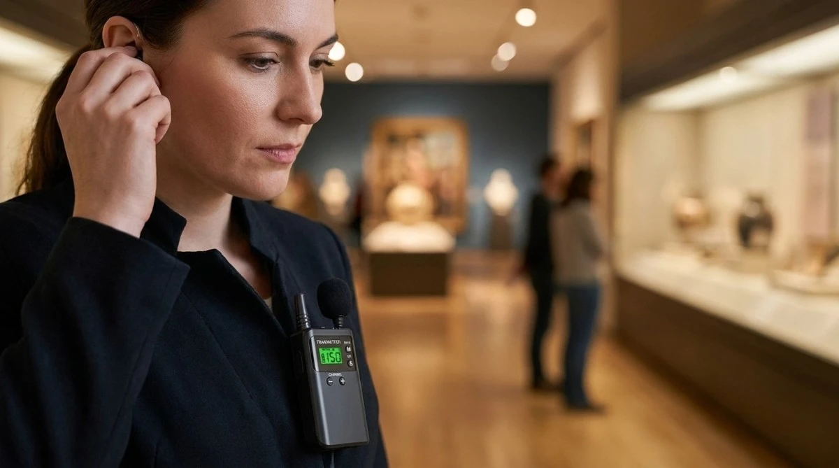 Close-up of a museum docent wearing a lapel wireless transmitter microphone in a gallery setting Close-up of a museum docent wearing a lapel wireless transmitter microphone in a gallery setting