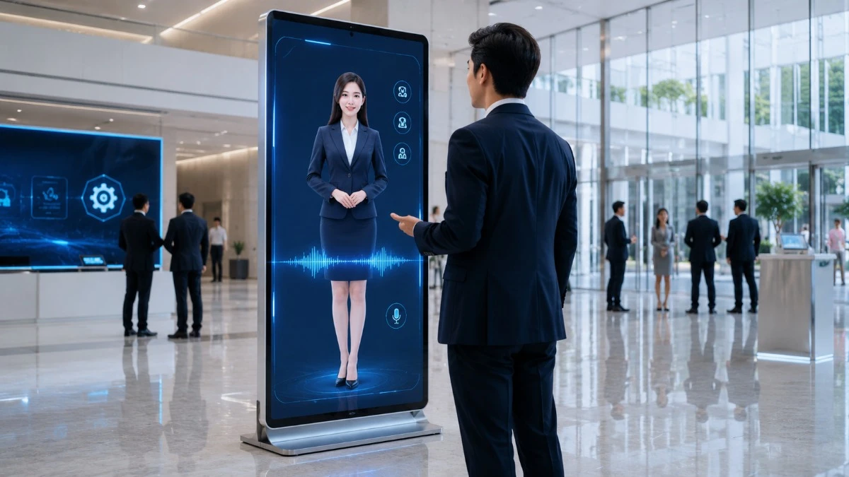 Yingmi AI digital human deployed on a smart display kiosk in a modern exhibition hall, interacting with a visitor in real time Yingmi AI digital human deployed on a smart display kiosk in a modern exhibition hall, interacting with a visitor in real time